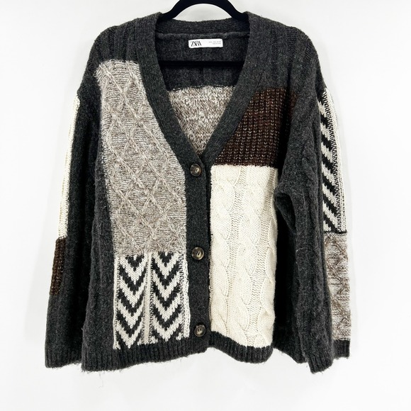 Zara Womens Patchwork Knit Cardigan Button Front Sweater Size Large - Picture 1 of 2